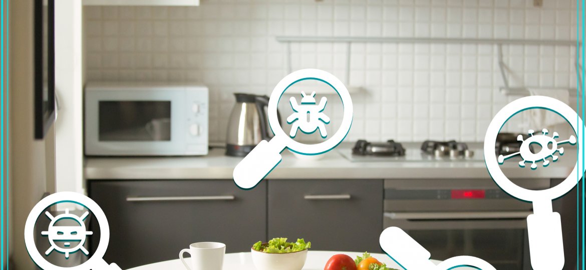 Modern kitchen, a white table, mug and green salad
