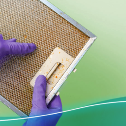 Manos Con Guantes De Color Morado Sosteniendo Un Filtro De Campana Extractora Lleno De Grasa Amarillenta